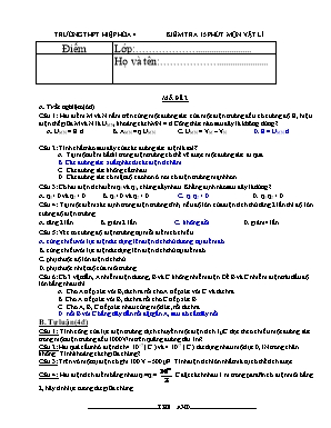 Đề kiểm tra 15 phút môn Vật lý Lớp 11 - Mã đề 2 - Trường THPT Hiệp Hòa 4